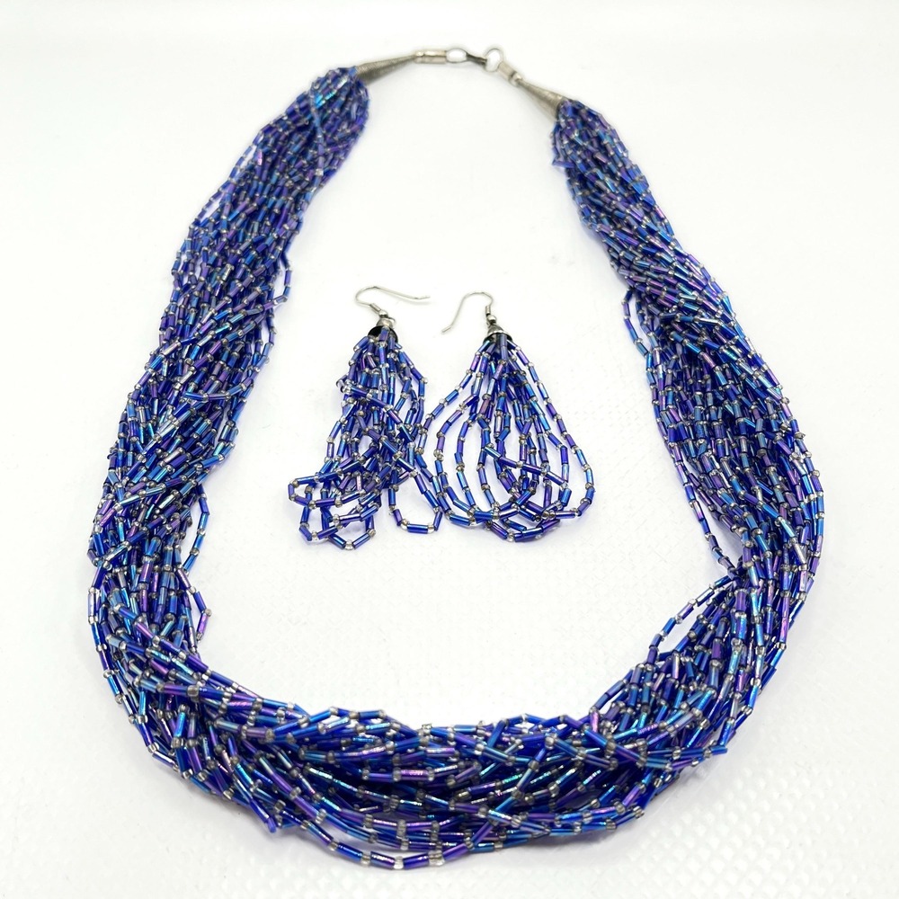 Vintage Blue Glass Seed Bead 24" Necklace and 3" Teardrop Loop Dangle Earrings